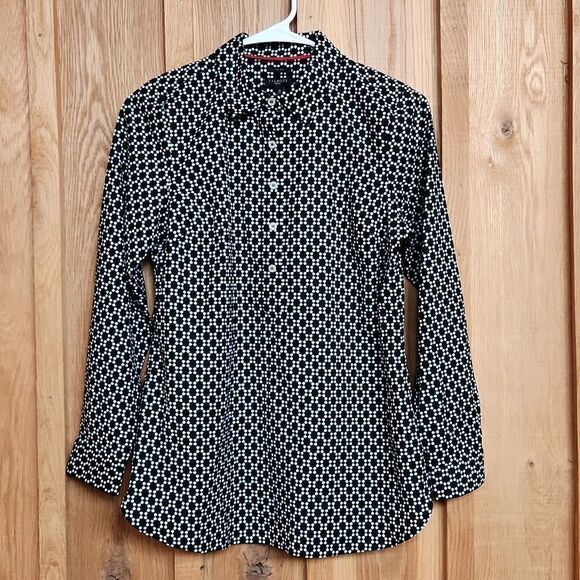 Talbots Tops - Talbots Long Sleeve Non-Iron Tunic Collared Shirt, 2 Petite Black & White Floral